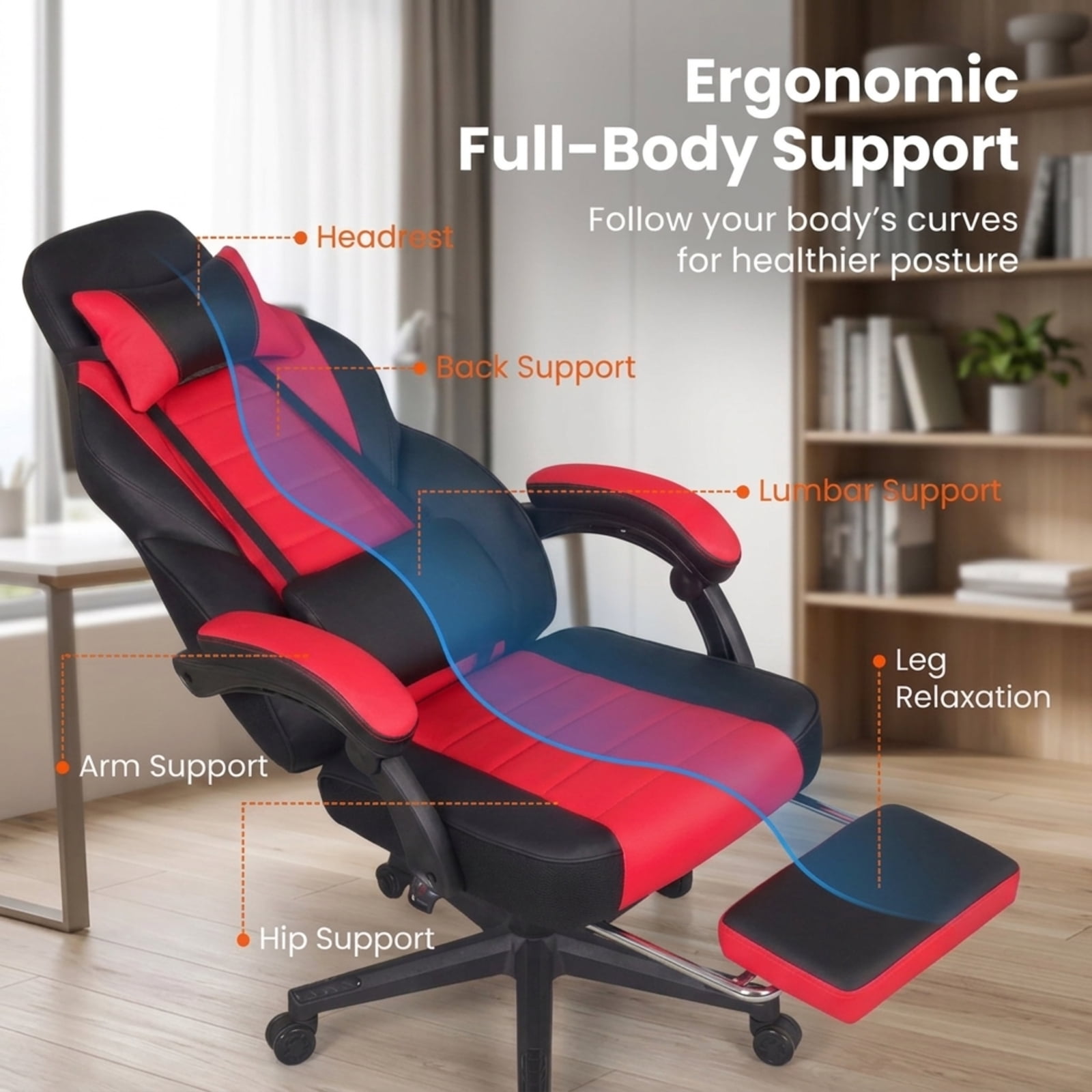 Furnibear Ergonomic Video Game Chair with Headrest Lumbar Support 155 Degree Recline Retractable Footrest and Swivel Metal Base for Home Office, Red