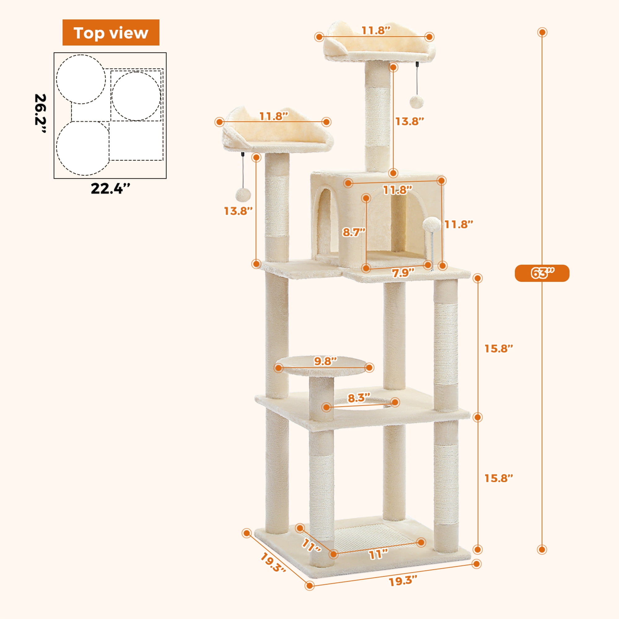 resenkos 57" 4 Levels Platform Cat Tree House, Cat Condo for Large Cats with Fully Scratching Posts, Cat Tower for Indoor, Beige