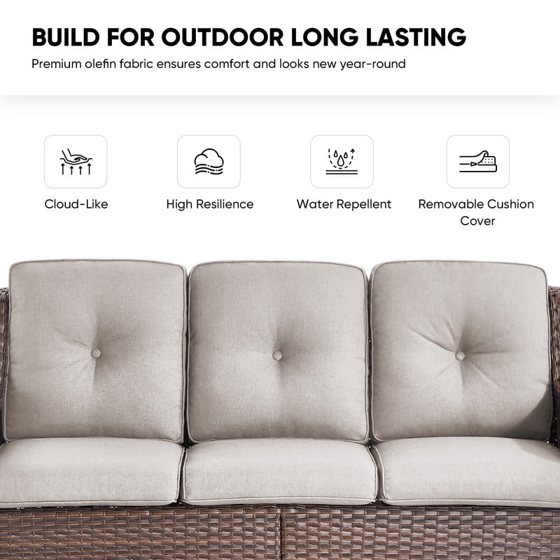 PARKWELL Outdoor Patio Wicker Furniture Set - 5 Piece Sectional Sofa Set with 3-Seat Sofa,2 Chairs and 2 Ottomans,Brown Wicker and Beige Cushion