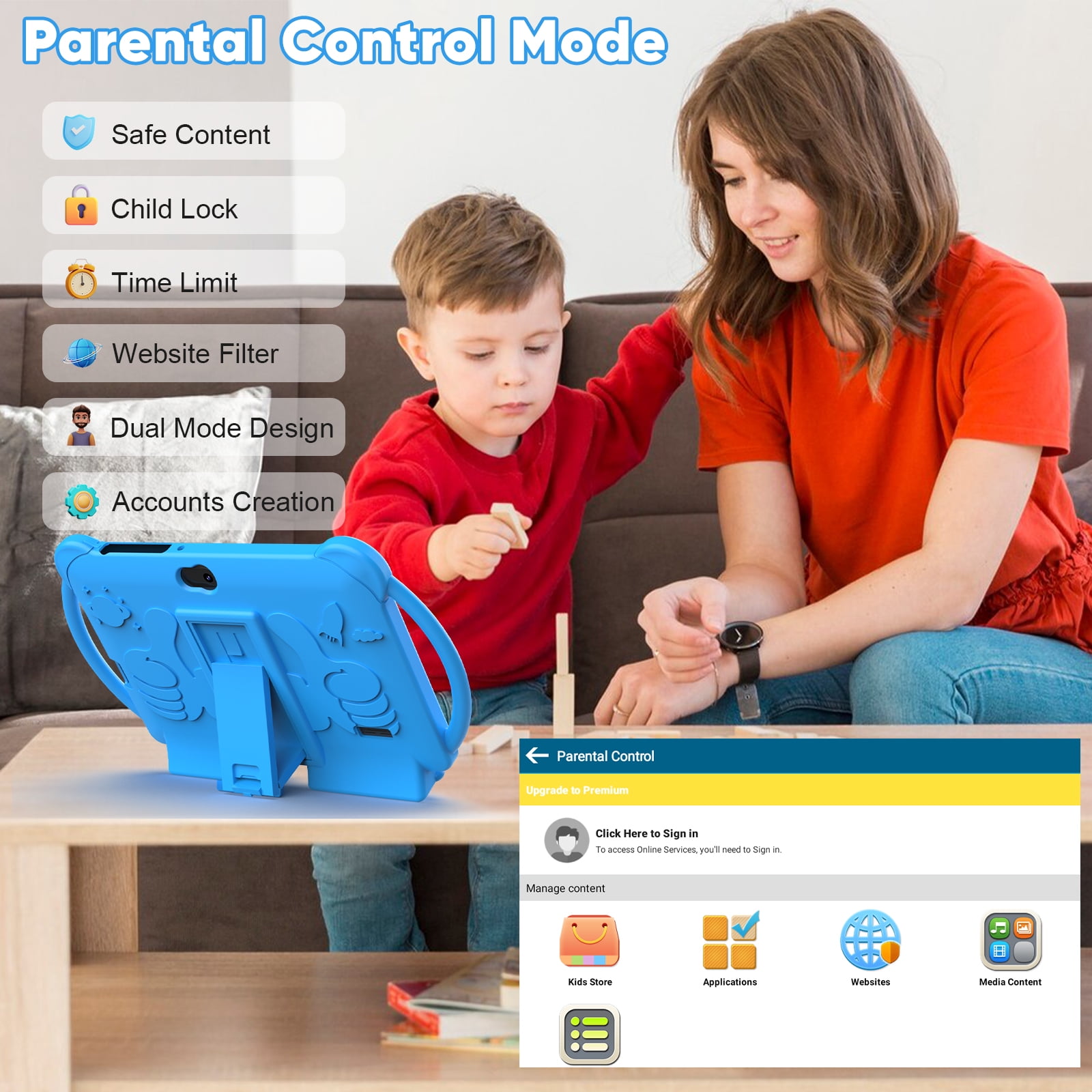 Kids Tablets 7 inch Android 12, 4GB RAM 32GB ROM, 512GB Expandable, with Parental Control, Google Certified, WiFi, Bluetooth, Dual Camera with Silicone Case(Blue)