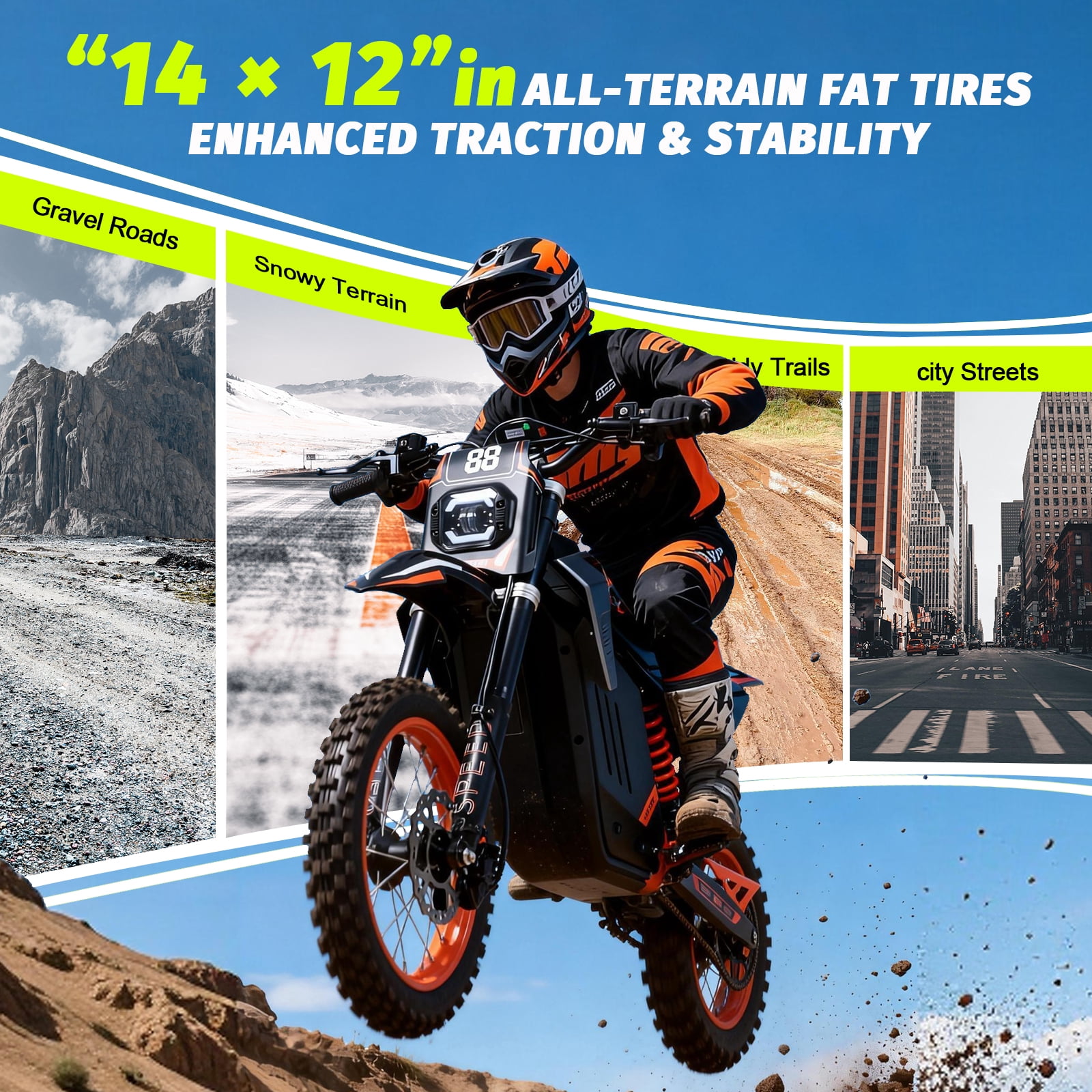 Electric Dirt Bike for Adults, 3000W Peak Mid-Motor Off-Road Motorcycle, 48V 30Ah Battery, Max 34MPH Speed, 14" Tires, Full Suspension, UL 2272 & UL 62133 Certified, Black/Orange