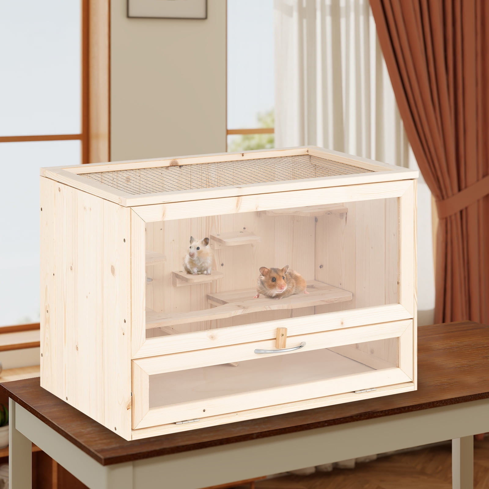 Gymax Wooden Hamster Cage Hamster Habitat Playpen w/ Mesh Flip Roof Multi-Ladder Areas