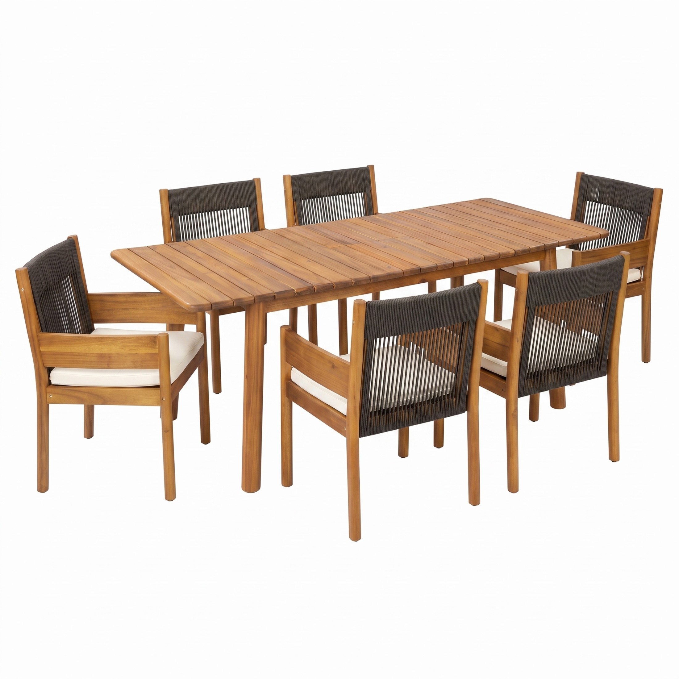 Christopher Knight Home 7-Piece Wood Outdoor Extendable Dining Table with Rope Chairs Set, Teak+Black
