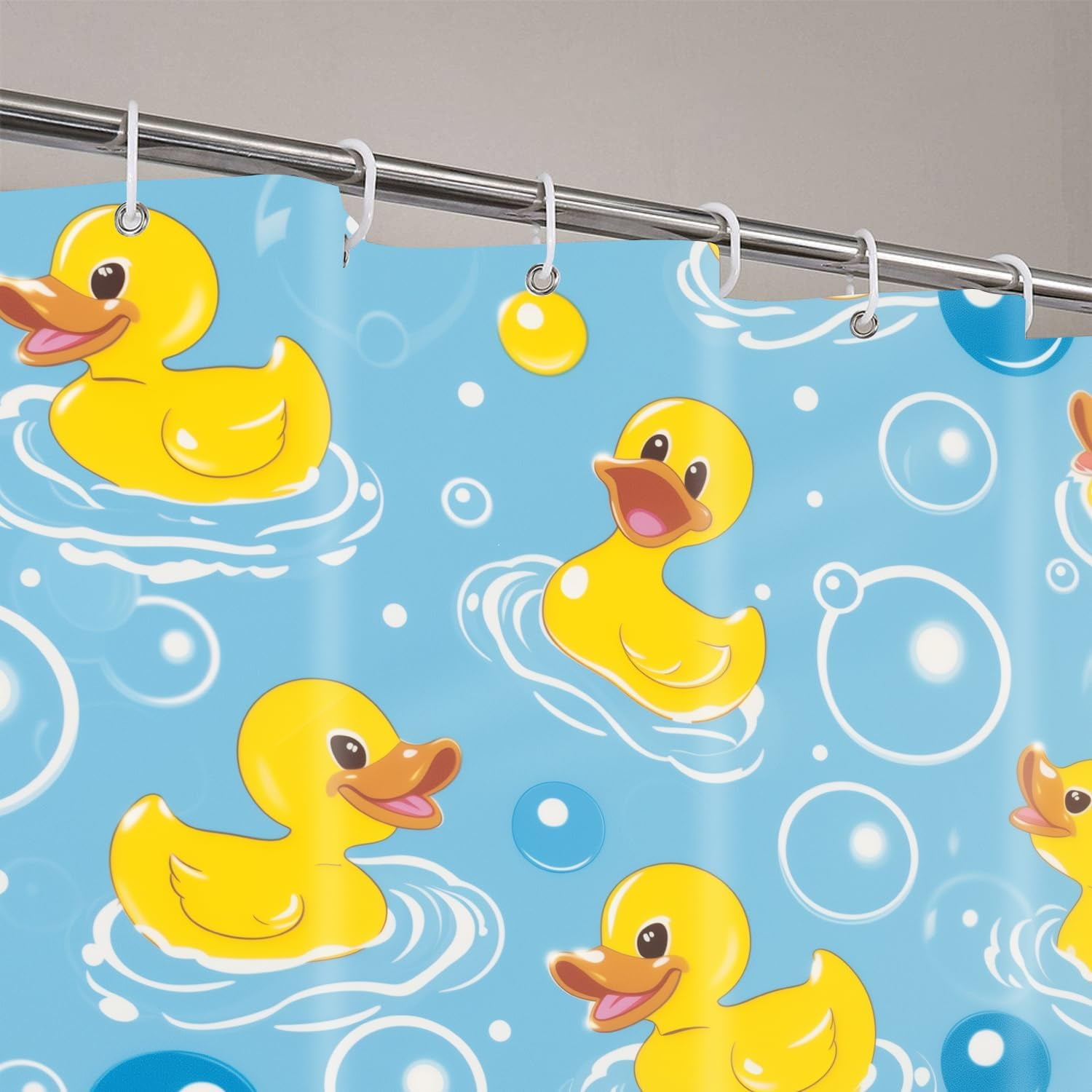 4 Pcs Funny Rubber Duck Shower Curtain Set Bathroom Sets with Waterproof Fabric Shower Curtain and Non-Slip Rugs Toilet Lid Cover Bath Mat Decor with Hooks(72x72 Inch)