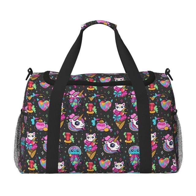 Balery Rainbow Unicorn And Cat Icecream Bolsa de Gimnasio para Mujeres, Bolsa de Viaje con Bolsillo Húmedo, Bolsa de Fin de Semana para Mujeres, Bolsa de Viaje Resistente al Agua