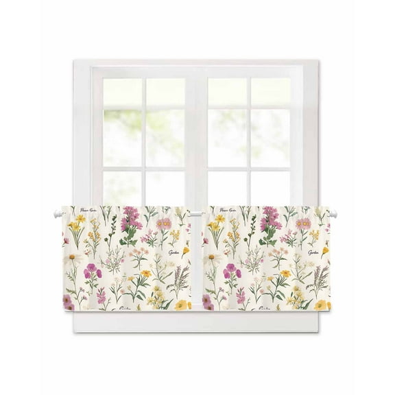 Wildflowers Short Blackout Curtains 24 Inch Long Vintage Floral Linen Texture Rod Pocket Kitchen Curtains, 2 Panels Thermal Insulated Room Darkening Drapes for Bedroom, 30"W x 24"L