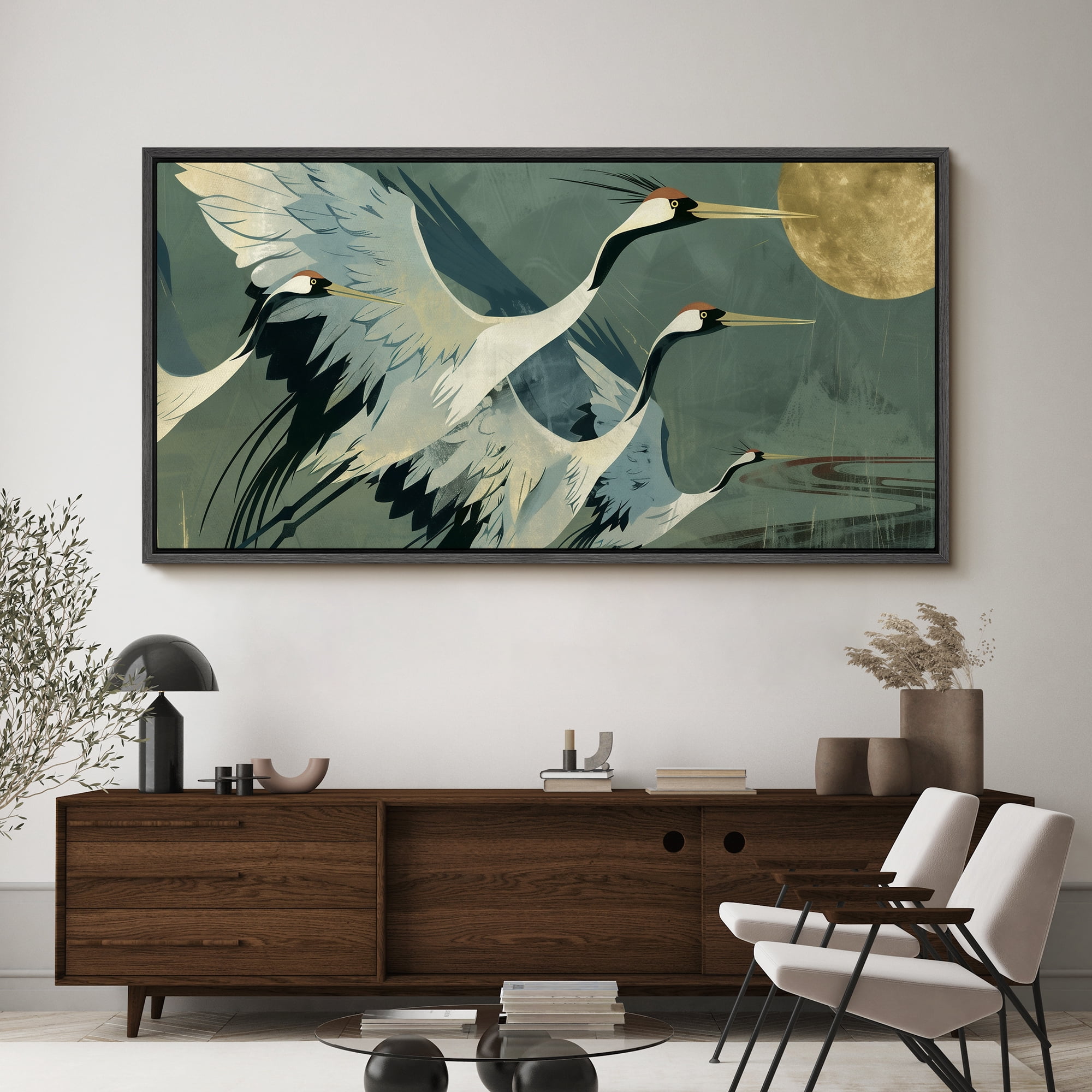 Large Framed Canvas Print Elegant Flying Cranes Under Full Moon - Japanese InspiredWall Art Decorative Ready to Hang Painting for Living room Bedroom 60x30 inches Black Frame