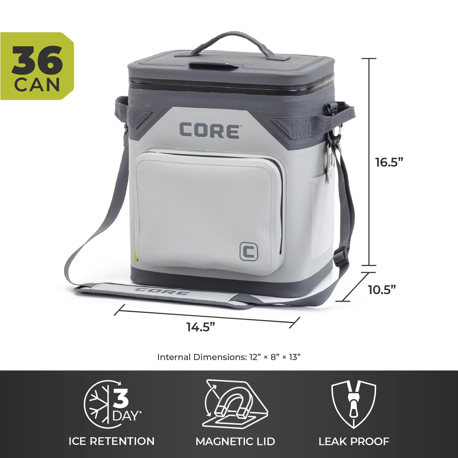 CORE 36 Can Climakeep Magnetic Soft Cooler, Leakproof Cooler, Waterproof Zipper, Shadow Gray