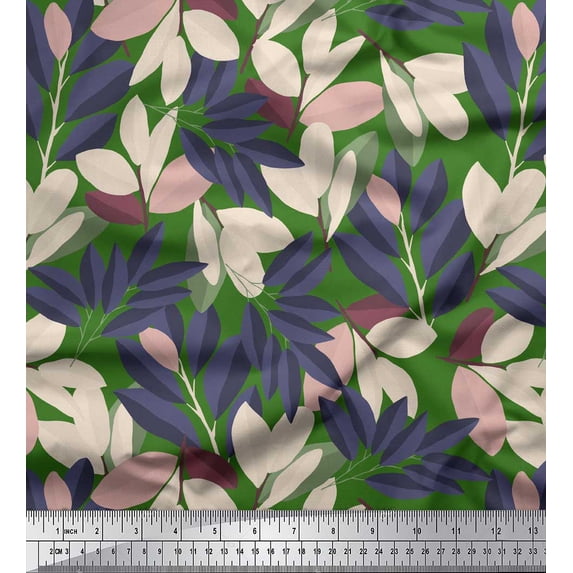 Soimoi Green Silk Fabric Laurel Leaves Print Fabric by Yard 42 Inch Wide