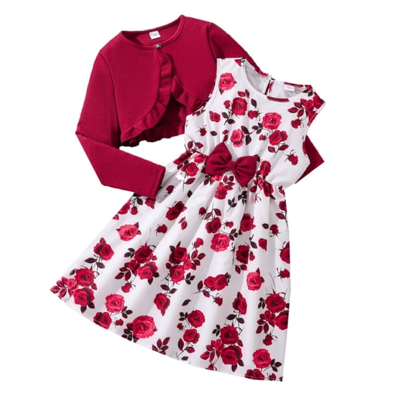 Hienoo Girls Outfits Set Sleeveless Floral Dress with Long Sleeve Ruffle Shirt, Sizes 7-12
