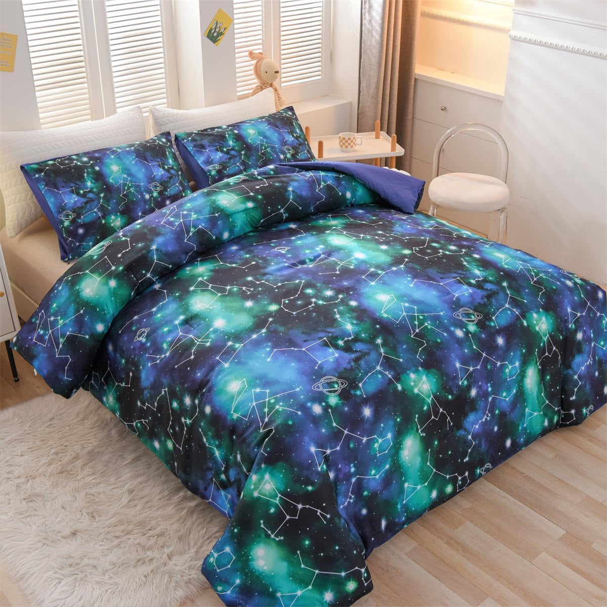 NTBED Tie Dye Constellation Ombre Comforter Set Queen Size Gradient Galaxy Bedding Set for Kids Girls Boys Black and Green 3Pcs