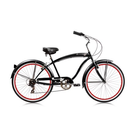 WonderWheels Beach Cruiser Shimano TX-35 7-SP V-Brake Stainless Steel Spokes One Piece Crank Alloy Matte Black Rims 36H w/ Fender - Black/ Black