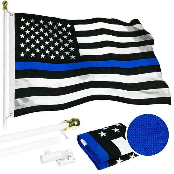 G128 - 5 Feet Tangle Free Spinning Flagpole (White) Thin Blue Line Flag Brass Grommets Spun Polyester 2x3 ft (Flag Included) Aluminum Flag Pole