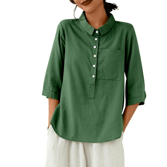 Mittory Cotton Linen Tops for Women 3/4 Sleeve Lapel V Neck Summer Loose Fit Boho Tunic Tops Casual Blouse