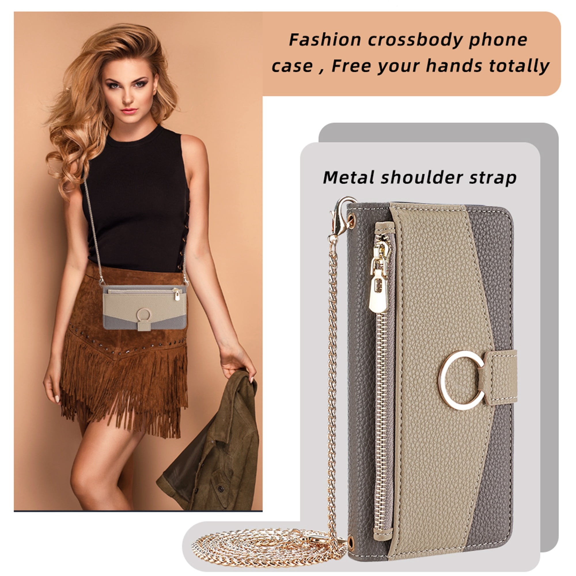 Dteck Crossbody Wallet Case for Samsung Galaxy A35 5G, Bicolor PU Leather Zipper Purse with Card Holder Mini Make-up Mirror for Women Girls,Folio Flip Phone Case with Magnetic Closure,Gray