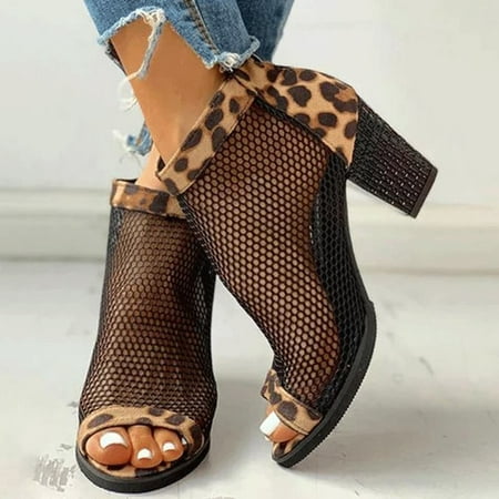

WQJNWEQ Shoes Women Ladies Mid-Cut Block Heel Zipper Black Leopard Mesh Fashion High-heeled Sandals Fall Sale