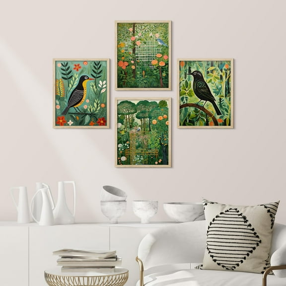 PixonSign Framed Wall Art Birds & Lush Botanicals Vibrant Jungle & Garden Posters, Set of 4 Spring Landscape Canvas Prints, Classic Vintage Multicolor Nature Wall Décor for Home - 12"x16" Natural