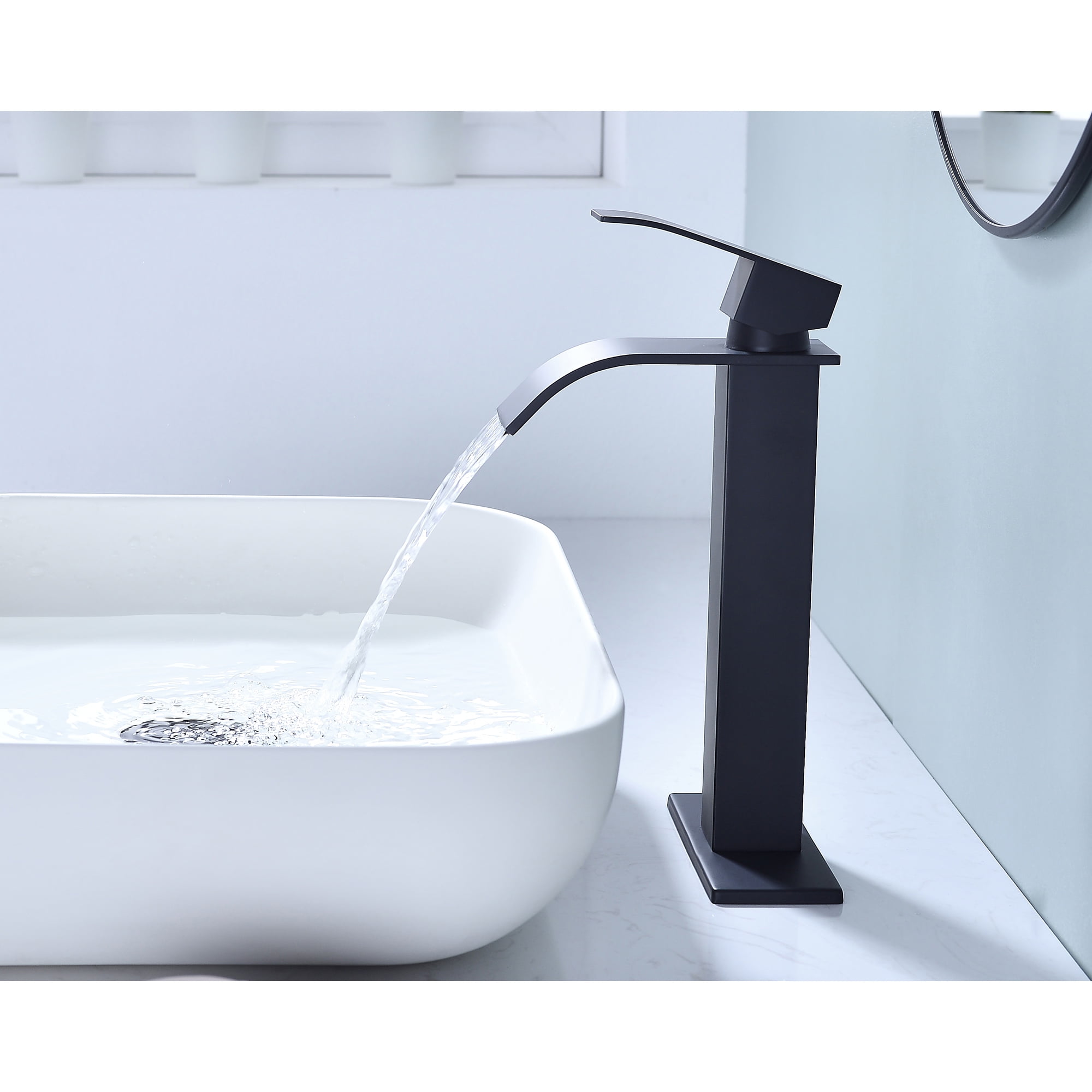 Single handle single hole waterfall spout bathroom vessel sink faucet with deck plate