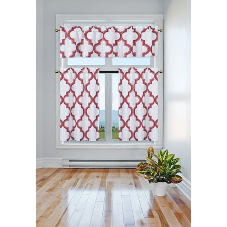 Red Kitchen Curtain - 3-Piece 7LO Red Blackout Rod Pocket Kitchen Curtain Set, Two (2) Geometric Design Tier Panels with One (1) Matching Swag Valance Included
