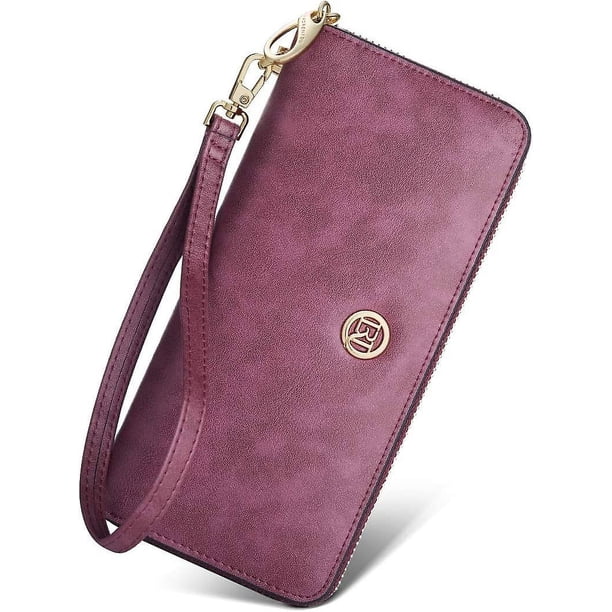 Bolsa de herramientas Carteras de mano de piel de vaca para mujer Carteras plegables Carteras grandes con cremallera, Funda de teléfono de piel de vaca para mujer con tarjetero (púrpura)