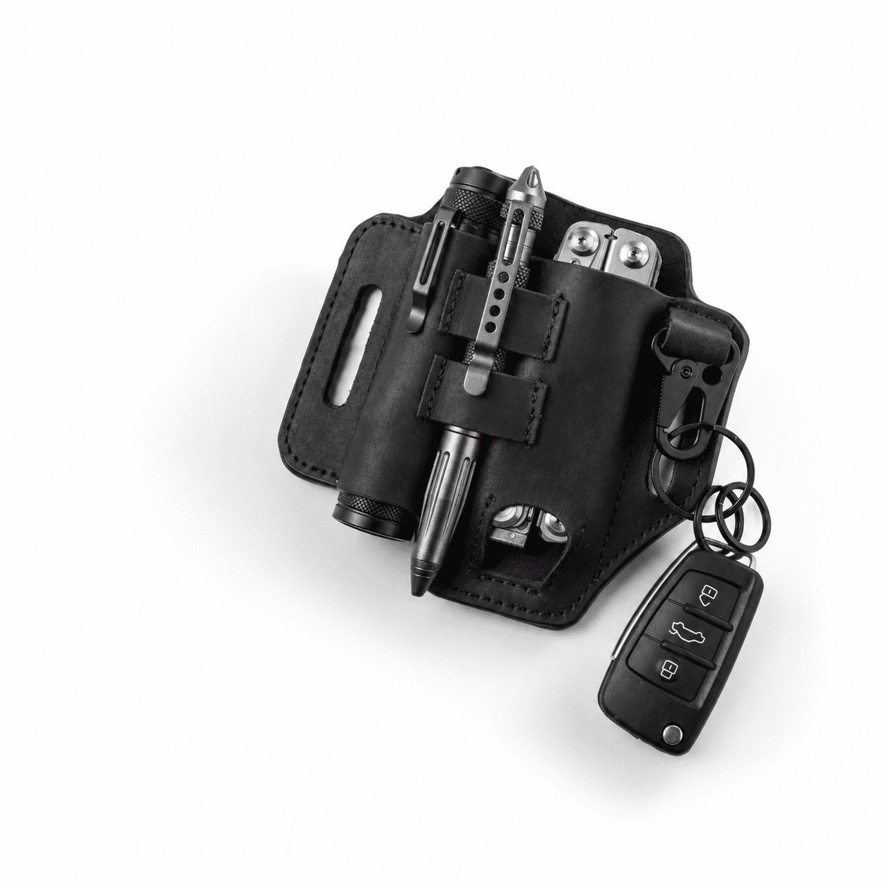 A-Black Leather Multitool Belt Sheath EDC Organizer Holder with Flashlight Pen Slot and Keychain Clip
