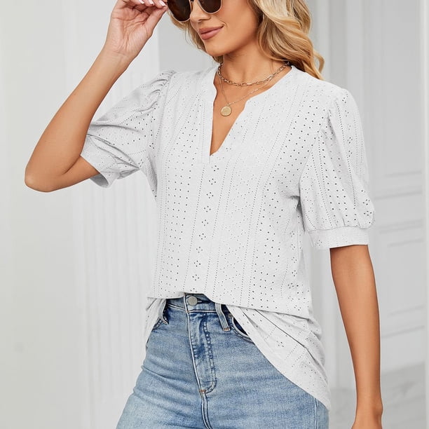 Camiseta Mujer Camiseta suelta de verano Moda Hollow-out Camiseta para mujer Ropa femenina (Blanco M) Cgtredaw Para estrenar