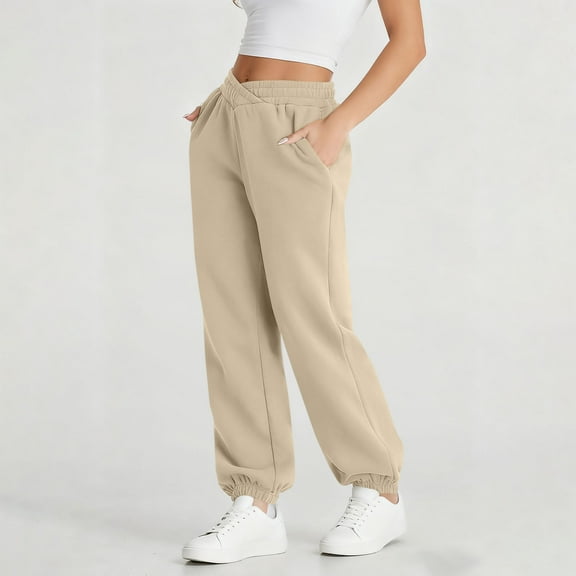 Sweatpants for Women Elastic Waist Pocket Solid Color Casual Pocket Jogging Sweatpants,Pants for Women Khaki L