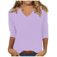 thumbnail image 1 of Camiseta básica de verano informal de color liso con cuello en V para mujer - Poliéster, manga 3/4, aberturas laterales - S-XXL, 1 of 5