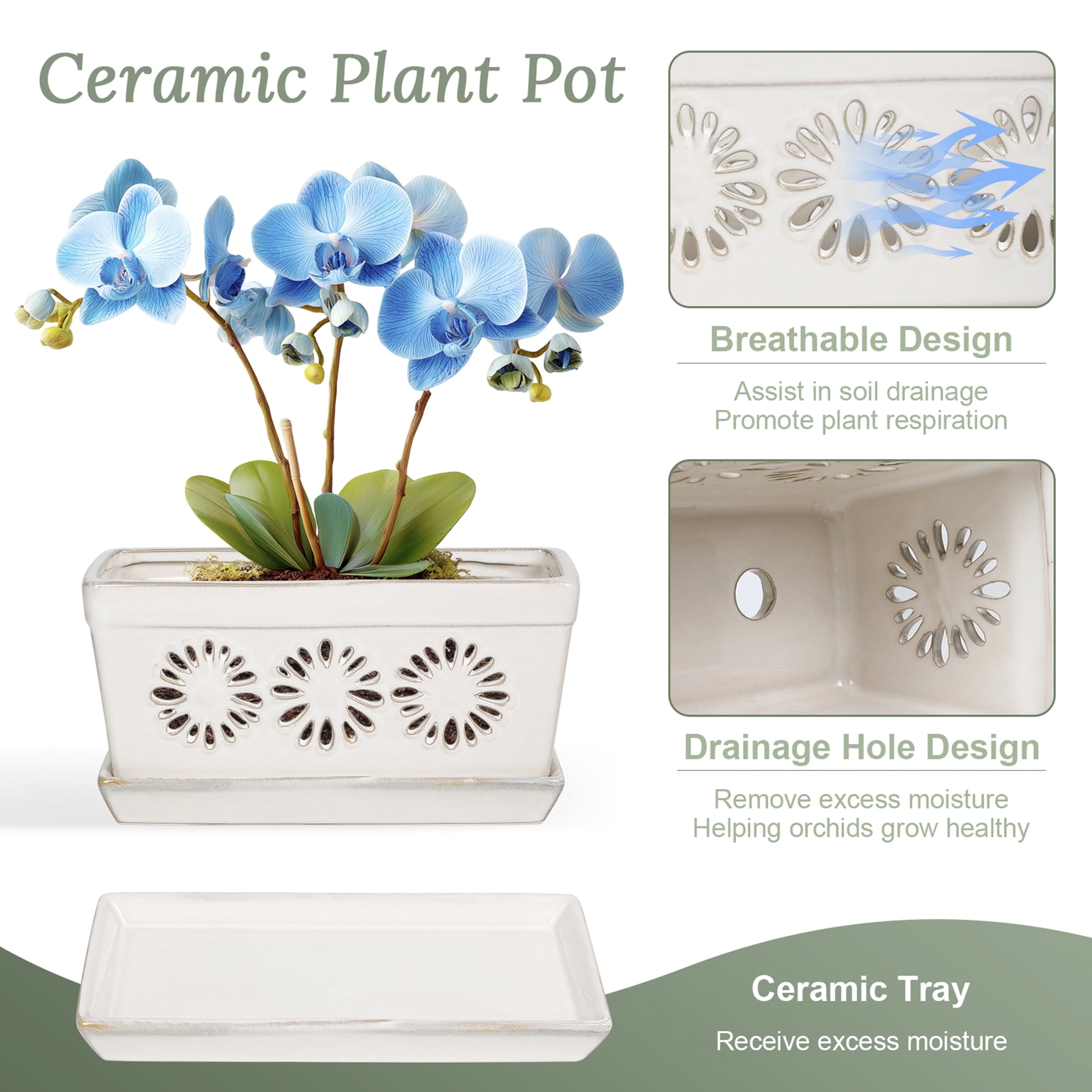 Ceramic orchid pot, 10 Inch orchid pots with holes, premium thickened handmade glazed pot for orchidaceae plants, indoor outdoor decorative flower pots for easy repotting