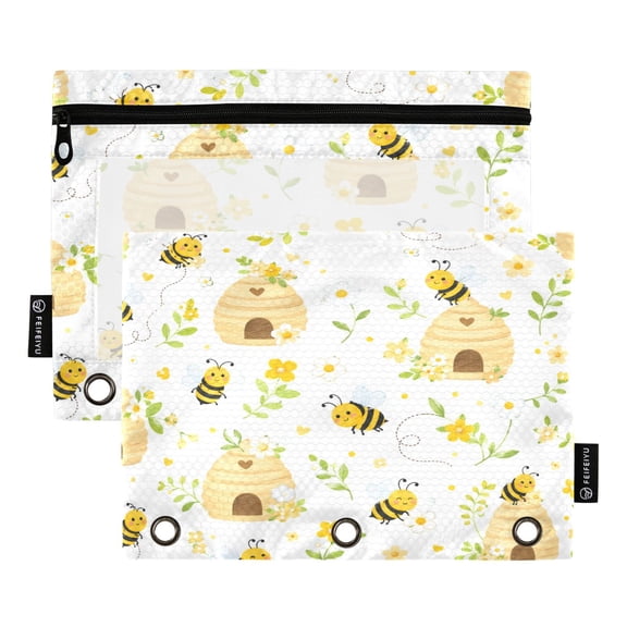 2 Pack 3 Ring Binder Pouch with Clear PVC Window Water Resistant Zipper Pencil Pouch Sweet Honey Bee Pattern Binder Pocket for Classroom Office Home Stationery Organization