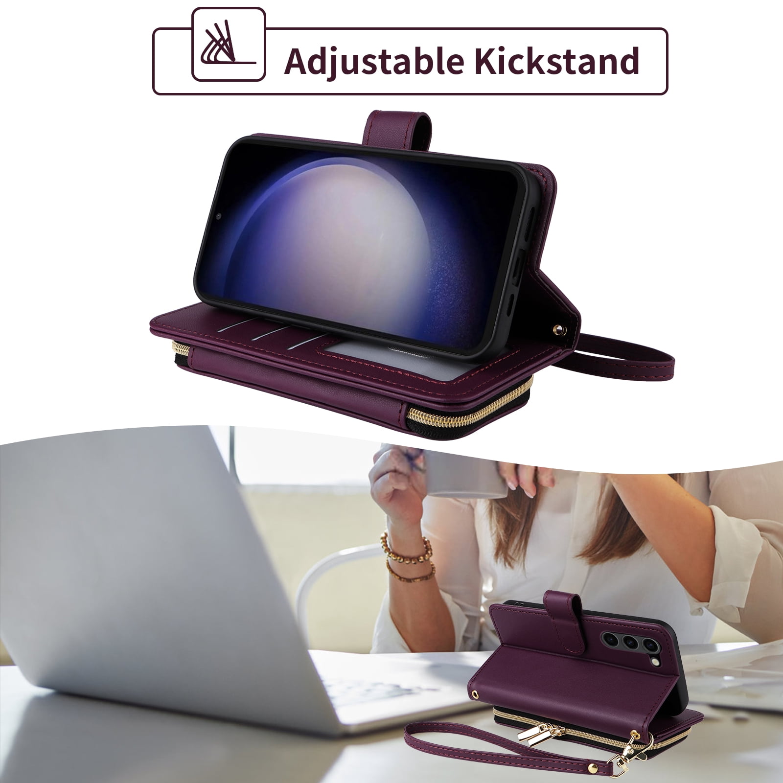 Furiet Wallet Case for Samsung Galaxy S23 Plus S23+ 5G with Wrist Strap Shoulder Strap Card Slot Zipper Purse, Leather Stand Phone Cover for S23plus 23S + S 23 23+ SM-S916U 6.6 inch Women Deep Purple