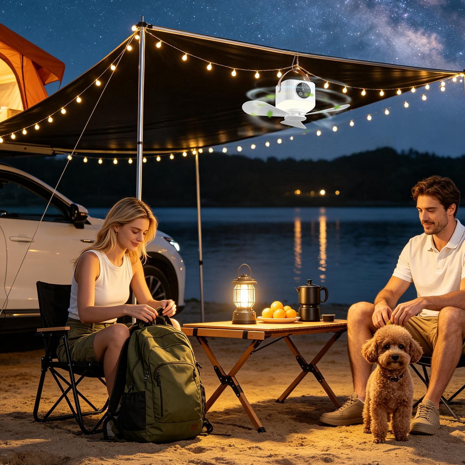 2 in 1 Camping Fan with LED Lantern Remote Control, 4 Wind Speeds 3 Light Brightness Timer Function 7200mAh Rechargeable Hanging Tent Fan