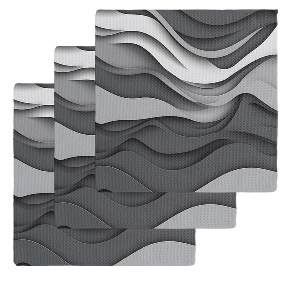 Black Grey Ombre Kitchen Dish Towels for Drying Dishes Set of 3, Modern Geometric Abstract Moire Art Waffle Weave Microfiber Hand Tea Bathroom Towels Quick Dry & Absorbent Towel 12x12