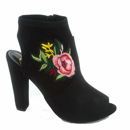 - Utopia-s Women's Embroidered RosePeep Toe Chunky Heeled Mule Booties