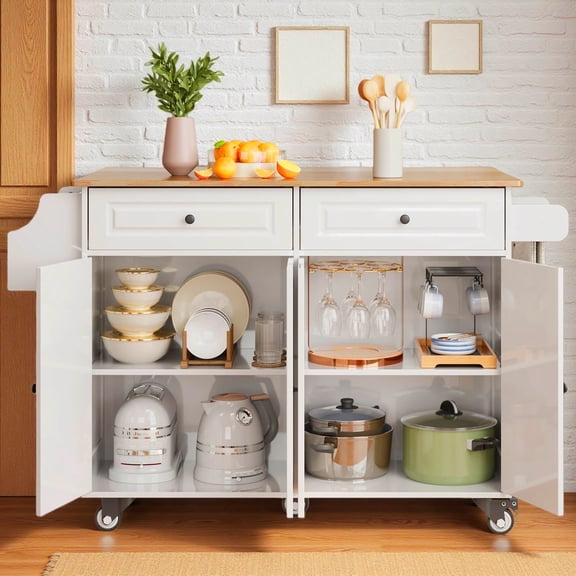 Lofka Kitchen Island, Rolling Kitchen Carts with Wheels & 52" Folding Drop Leaf, Mobile Storage Cabinet with 2 Drawers for Dining room, White