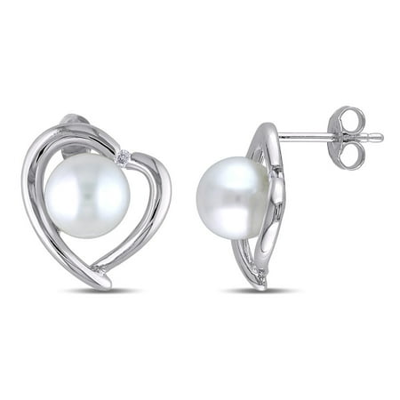 AMOUR 8 - 8.5 Mm White Cultured Freshwater Pearl and Diamond Heart Stud Earrings In Sterling Silver
