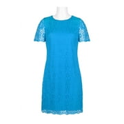 Laundry Crew Neck Short Sleeve Solid Concealed Zipper Back Shift Lace Dress-TURQUOISE / 4
