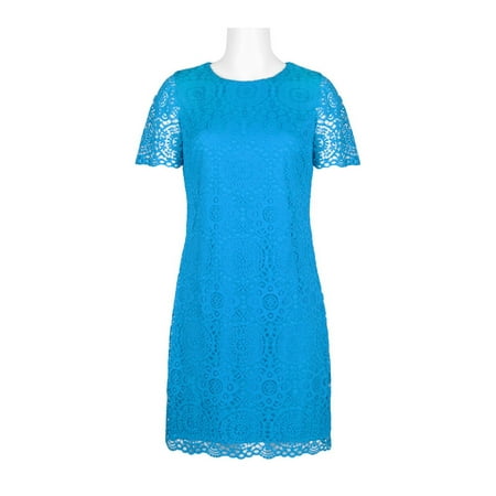 Laundry Crew Neck Short Sleeve Solid Concealed Zipper Back Shift Lace Dress-TURQUOISE / 4