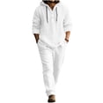 thumbnail image 5 of Men's 2 Piece Outfits Textured Button Long Sleeve Shirt Drawstring Waist Loose Pants Set Tracksuits Vacation Outfit White XXXL, 5 of 6
