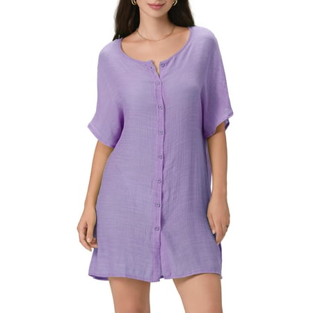 Xsylife Women Bikini Swimwear Cover-Ups Solid Color Crew Neck Short Sleeve Button-Down Summer Shirts Soft Light Breathable Sheer Mini Beach Dress