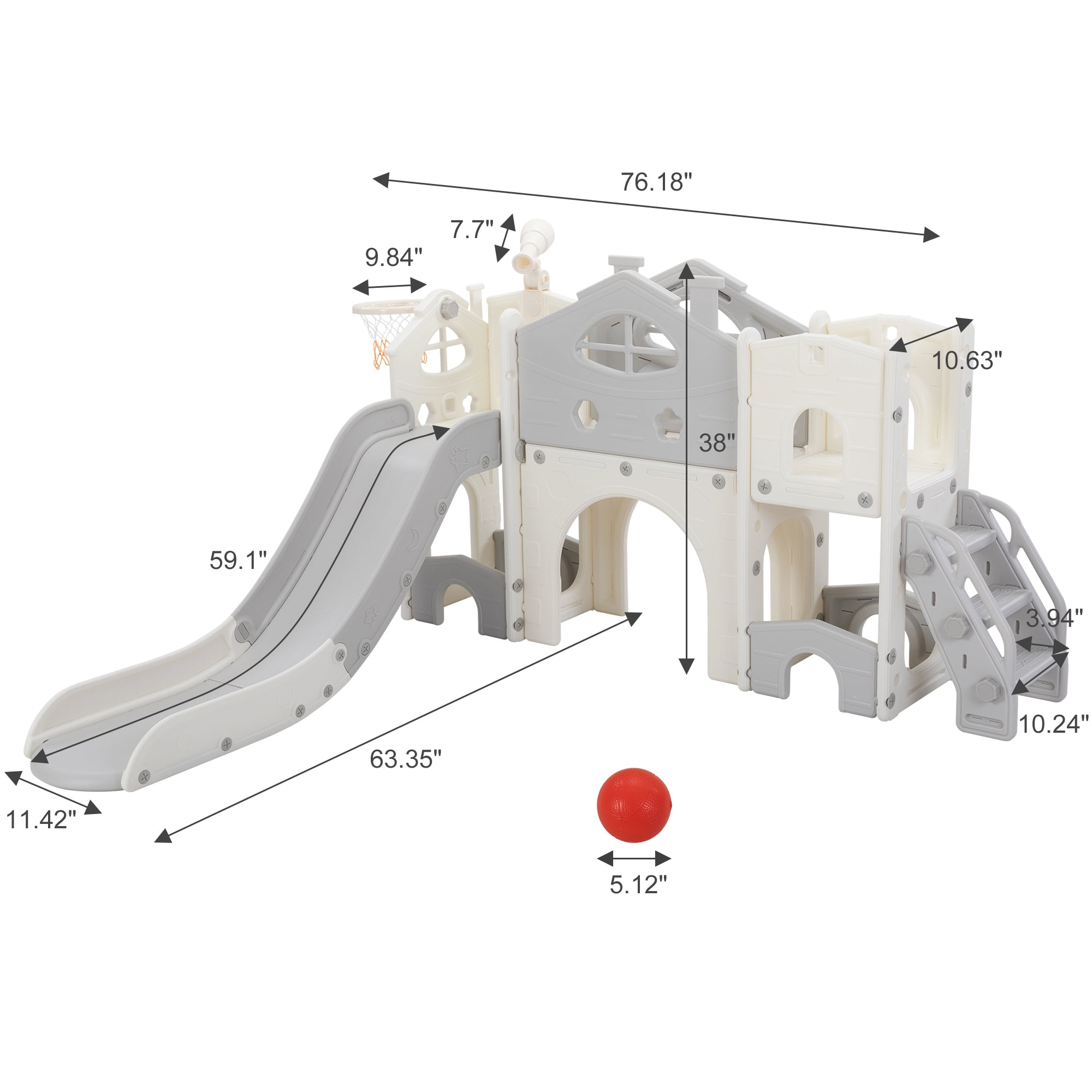 Kids Slide Playset with Climber, Toddlers Freestanding Castle with Basketball, Storage Area, Tunnel for Indoors and Outdoors, Gift for Children, Gray and White