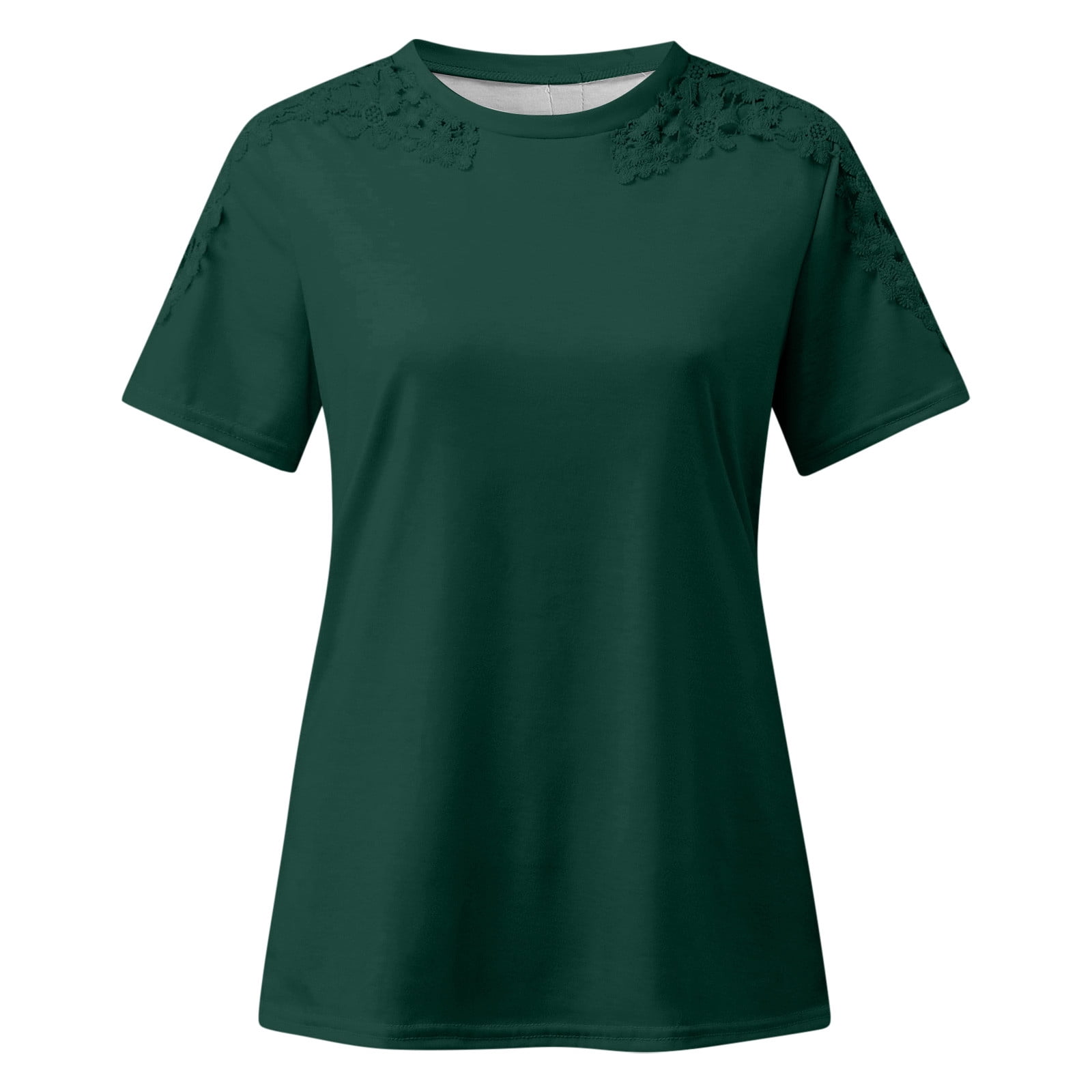 Oplxuo Crochet Lace Short Sleeve Tops for Women Summer Casual Solid Crewneck Tee Shirts Loose Versatile Hollow Tunic Blouse