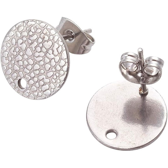 10Pcs Stainless Steel Earring Posts Flat Round with Spot Lines Pad Ear Stud Components with Safety Earring Backs and Holes for Earring Making Findings Silver