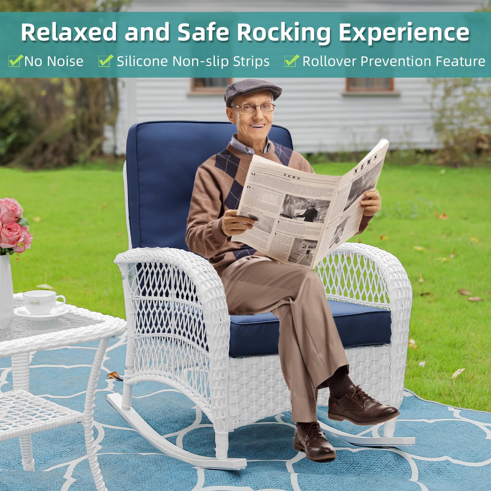 MEETWARM 3 Pieces Patio Conversation Set, Rattan Outdoor Rocking Patio Bistro Set with 2 Rockers and 1 Side Table with 4" Thick Cushions, Outdoor Furniture Set for Porch Backyard, White Wicker/Navy