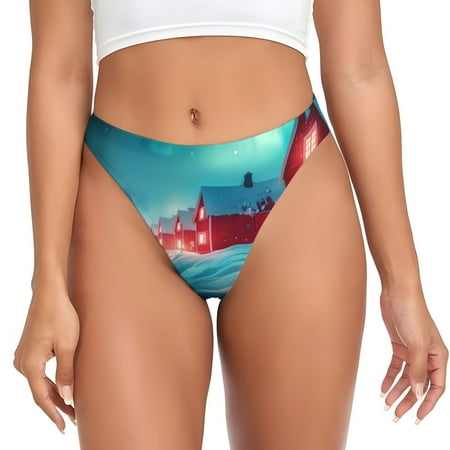 Qokaie Aurora Borealis Village Printed Women s Cotton Thong Underwear  Sexy Breathable Panties G-string-3X-Large