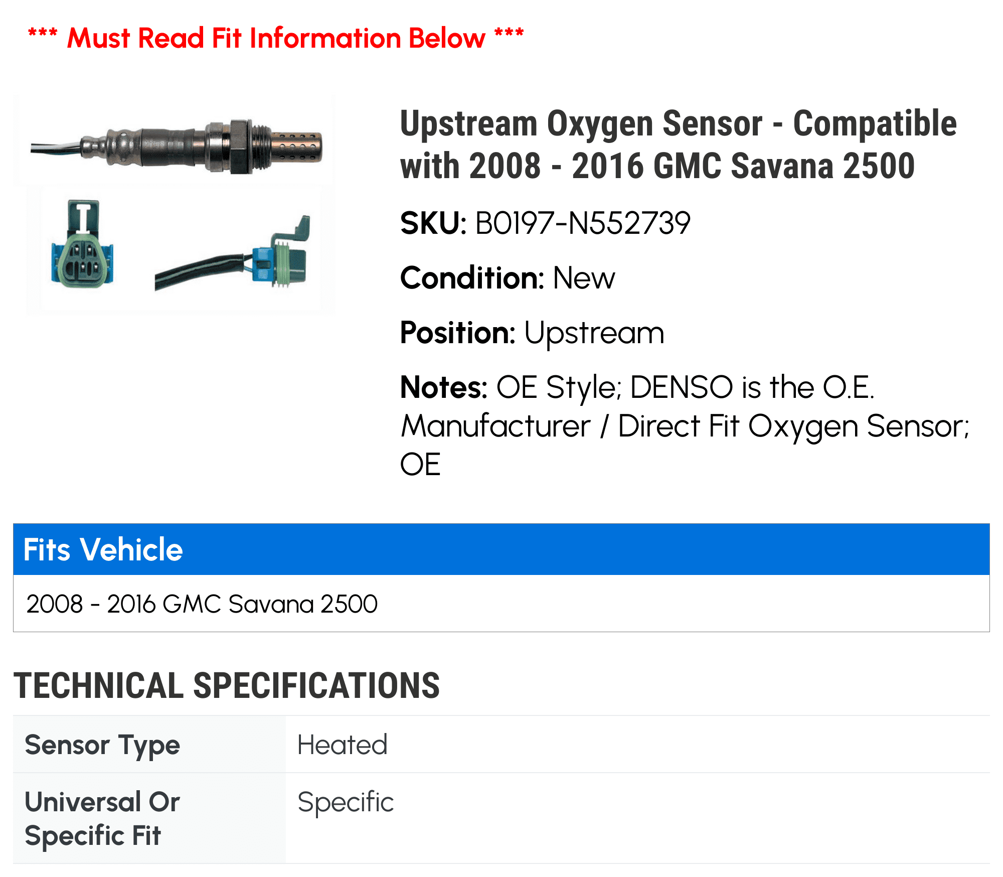 Upstream Oxygen Sensor - Compatible with 2008 - 2016 GMC Savana 2500 2009 2010 2011 2012 2013 2014 2015