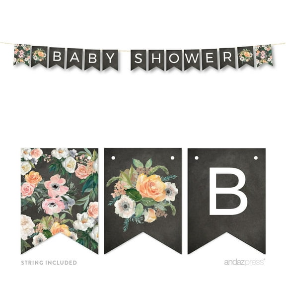 Peach Chalkboard Floral Garden, Baby Shower, 5-Feet Hanging Pennant Party Banner with String