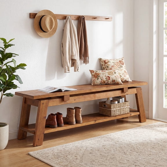 Finmind Solid Wood Bench, 55" Farmhouse Entryway Bench with Shoe Storage | 350 lb Capacity, Scratch Resistant, End of Bed Bench Shoe Bench Seat for Entrance Hallway Bedroom Living Room, Natural Brown