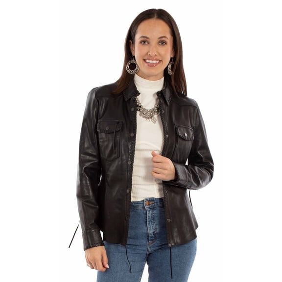 Scully L1134-11-M Western Jacket Womens Leather Laced Edge, Black Lamb - Medium