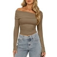 thumbnail image 2 of Arvbitana Women's Long Sleeve T-shirt One Off Shoulder Asymmetrical Neck Pullovers Tight Fitted Solid Color Ruched Shirt Crop Tops for Spring Fall Streetwear, 2 of 6